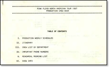 Tour Book Table of Contents