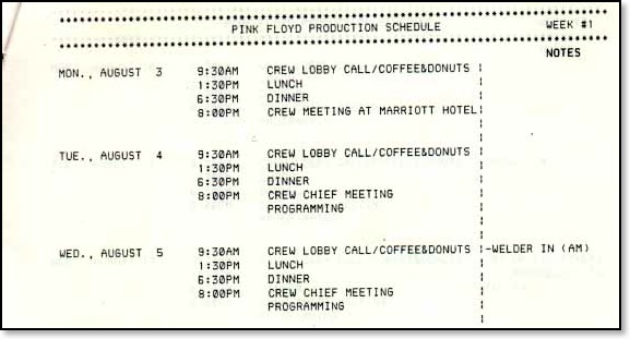 Pink Floyd Production Schedule for Week One